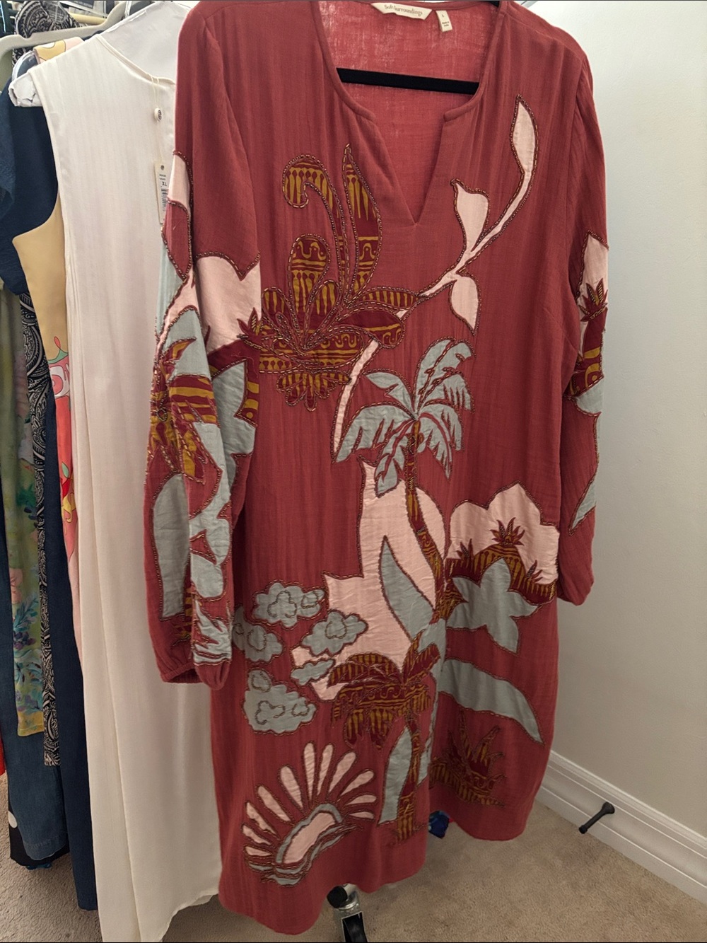 Soft Surroundings Rust Floral Embroidered Long-Sleeve Tunic Dress